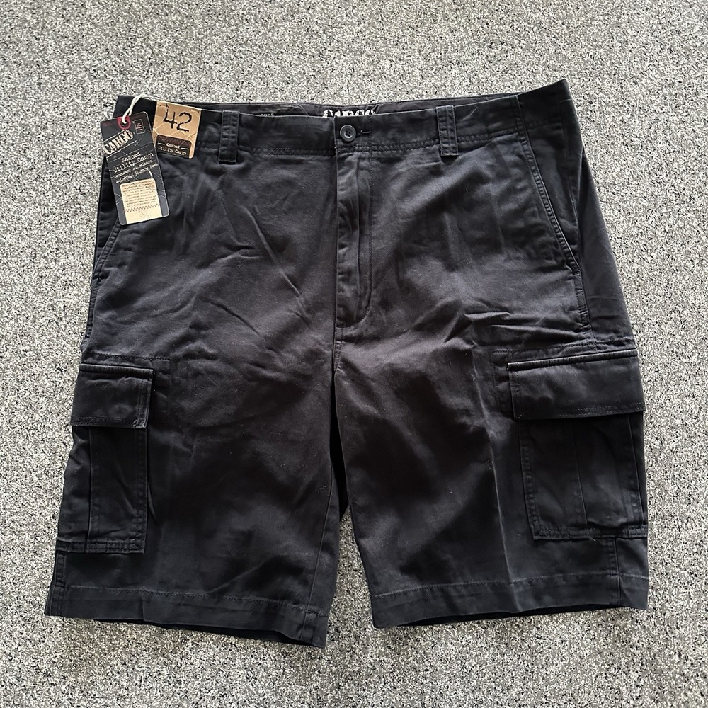 Roundtree Yorke Cargo Shorts Men's 42 Black Rugged Vintage Washed Utility 11"‎